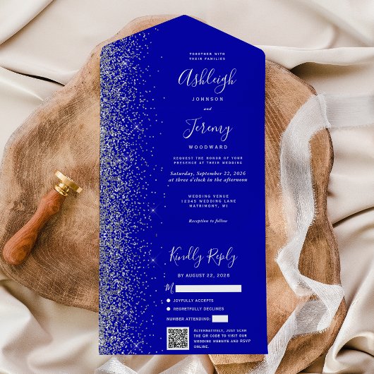 Royal Blue Silver Glitter QR Code Wedding オールインワン招待状
