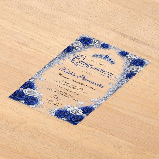 Royal Blue & Silver Quinceanera  アクリル招待状 (レイダウン)