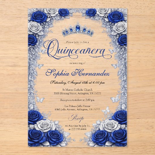 Royal Blue & Silver Quinceanera  アクリル招待状 (正面)