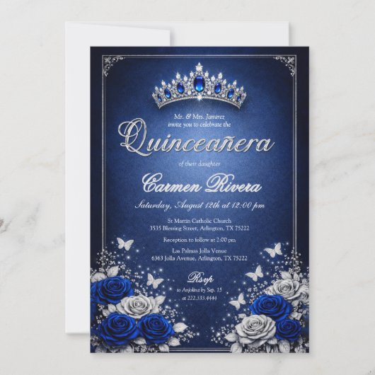Royal Blue & Silver Quinceanera Invitation  招待状 (正面)