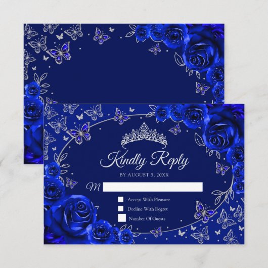 Royal Blue Silver Quinceanera Reply 出欠カード (正面/裏面)