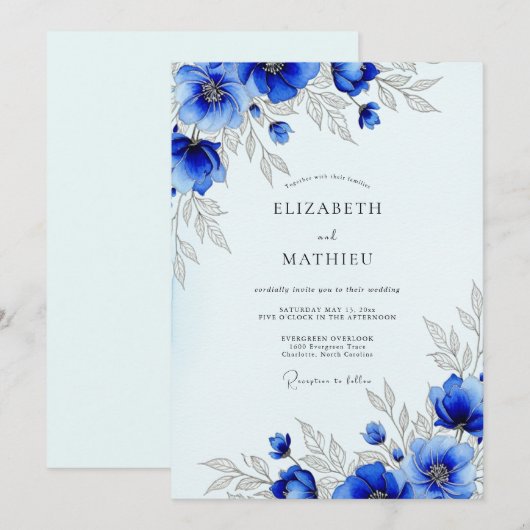 Royal Blue Striking Botanical Wedding 招待状 (正面/裏面)