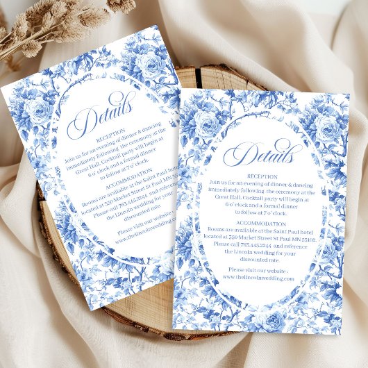 Royal blue toile floral wedding accommodation エンクロージャーカード