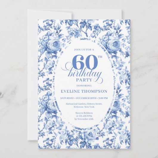 Royal Blue Toile Roses 60th Birthday Invite Printa 招待状 (正面)