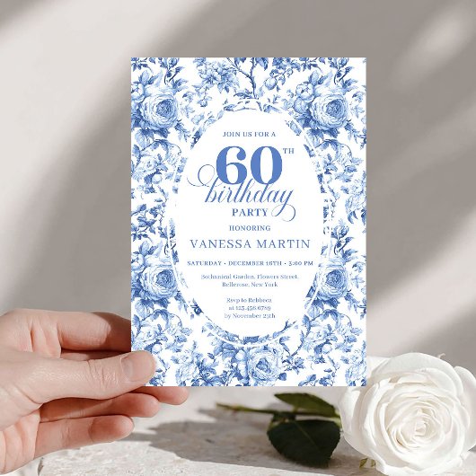 Royal Blue Toile Roses 60th Birthday Invite Printa 招待状