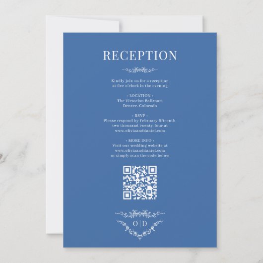 Royal Blue Victorian All in One QR Code Wedding 招待状 (裏面)