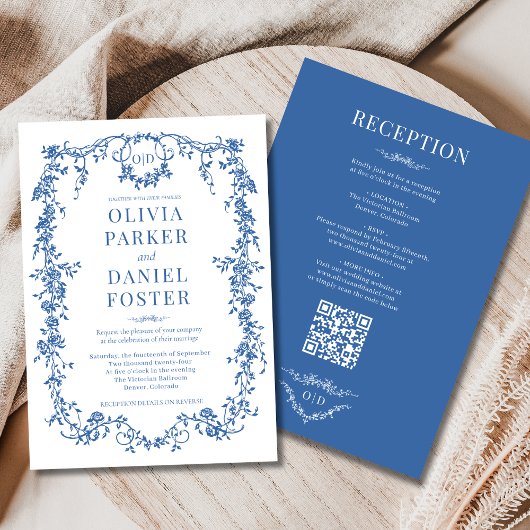 Royal Blue Victorian All in One QR Code Wedding 招待状