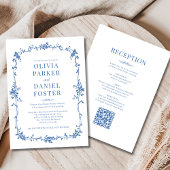 Royal Blue Victorian QR Code All in One Wedding  招待状