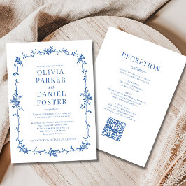 Royal Blue Victorian QR Code All in One Wedding  招待状