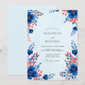 Royal Blue Vivacious Floral Wedding 招待状 (正面/裏面)