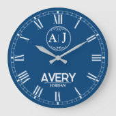 Royal Blue White Leather Custom Monogram Classic  ラージ壁時計 (正面)