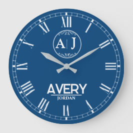 Royal Blue White Leather Custom Monogram Classic  ラージ壁時計