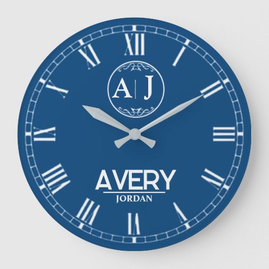 Royal Blue White Leather Custom Monogram Classic  ラージ壁時計 (正面)