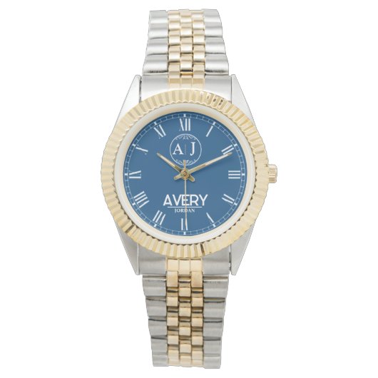 Royal Blue White Leather Custom Monogram Classic  腕時計 (正面)