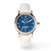 Royal Blue White Leather Custom Monogram Classic  腕時計 (正面)