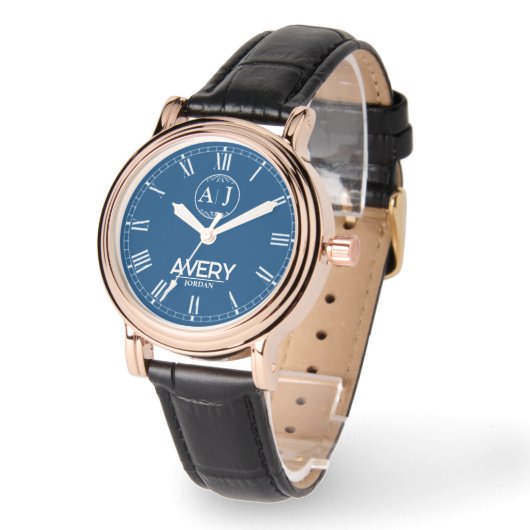 Royal Blue White Leather Custom Monogram Classic  腕時計 (傾斜)