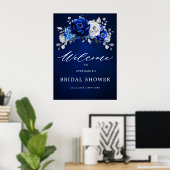 Royal Blue White Silver Bridal Shower Welcome Post ポスター (ホームオフィス)
