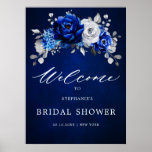 Royal Blue White Silver Bridal Shower Welcome Post ポスター<br><div class="desc">Elegant royal blue white silver theme bridal shower welcome poster featuring elegant bouquet of royal blue,  Navy,  silver,  pure white color rose flowers buds and sage green eucalyptus leaves. Please contact me for any help in customization or if you need any other product with this design.</div>