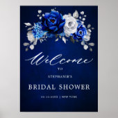 Royal Blue White Silver Bridal Shower Welcome Post ポスター (正面)
