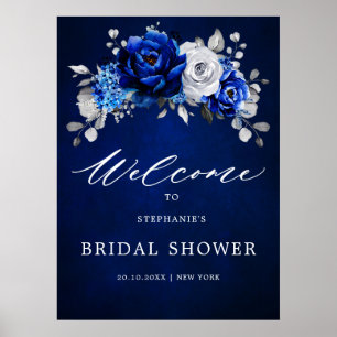 Royal Blue White Silver Bridal Shower Welcome Post ポスター