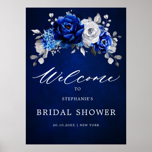 Royal Blue White Silver Bridal Shower Welcome Post ポスター (正面)