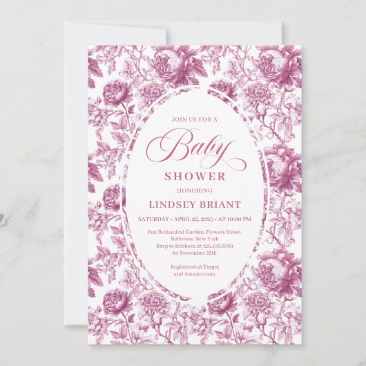 Royal Blush Rose Pattern Toile Baby Shower Invite 招待状 (正面)