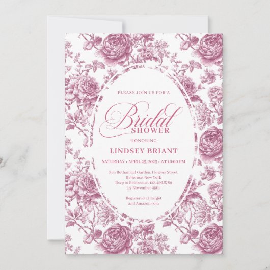 Royal Blush Velvet Rose Pattern Bridal Shower  招待状 (正面)