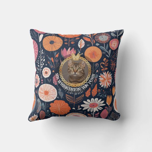 Royal Cat Dark Navy Floral Aristocrat Pattern Art クッション (裏面)