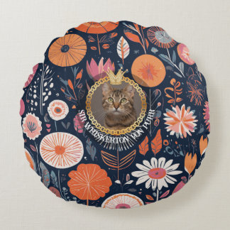 Royal Cat Dark Navy Floral Aristocrat Pattern Art ラウンドクッション