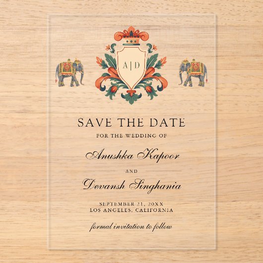 Royal Crest Elephant Indian Wedding Save the Date アクリル招待状 (正面)