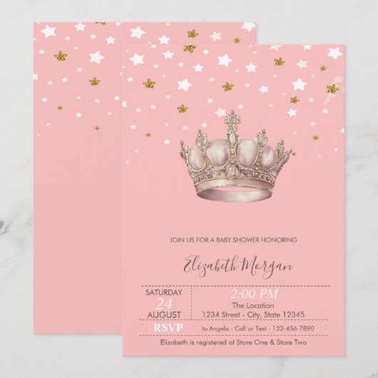 Royal Crown Stars Baby Shower 招待状 (正面/裏面)