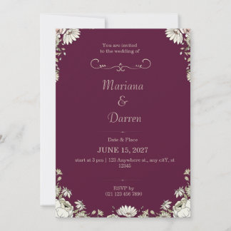 Royal Deep Purple & White Floral Wedding Invite 招待状
