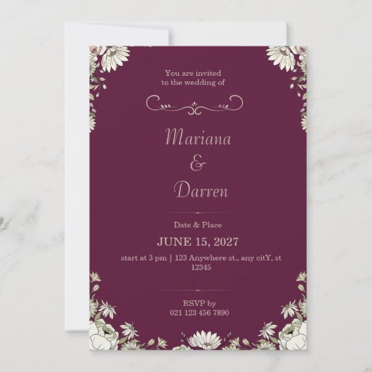 Royal Deep Purple & White Floral Wedding Invite 招待状 (正面)