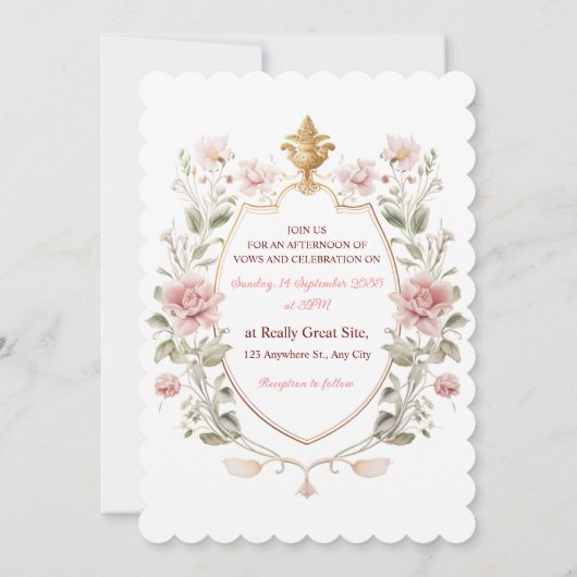 Royal Elegance Wedding Pink Florals Golden Crest 招待状 (裏面)