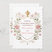Royal Elegance Wedding Pink Florals Golden Crest 招待状 (正面/裏面)