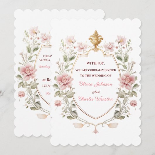 Royal Elegance Wedding Pink Florals Golden Crest 招待状 (正面/裏面)