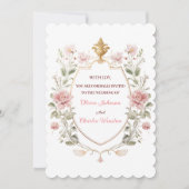 Royal Elegance Wedding Pink Florals Golden Crest 招待状 (正面)