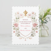 Royal Elegance Wedding Pink Florals Golden Crest 招待状 (スタンド正面)
