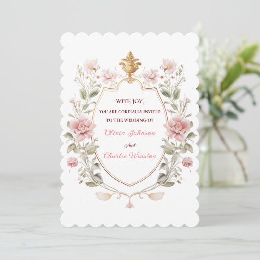 Royal Elegance Wedding Pink Florals Golden Crest 招待状 (スタンド正面)
