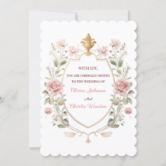 Royal Elegance Wedding Pink Florals Golden Crest 招待状
