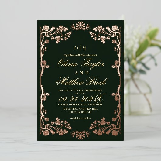 Royal Emerald Green Gold Foil Floral Wedding 箔招待状 (立ち正面)