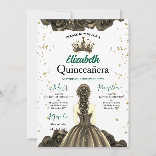 Royal Emerald Green Rose Quinceañera Invite 招待状 (正面)