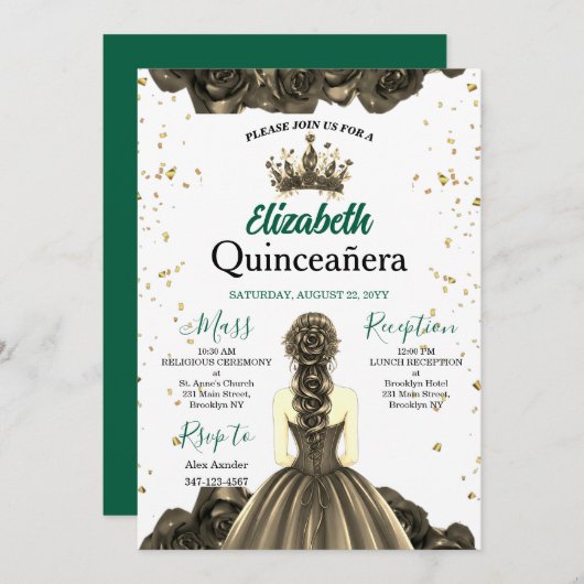 Royal Emerald Green Rose Quinceañera Invite 招待状 (正面/裏面)