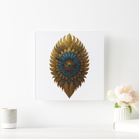 Royal Feather | Black & Gold Egyptian Wall Clock スクエア壁時計 (ホーム)