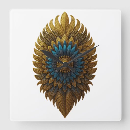 Royal Feather | Black & Gold Egyptian Wall Clock スクエア壁時計 (正面)