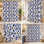 Royal Fleur Bold Blue and Gold Botanical シャワーカーテン