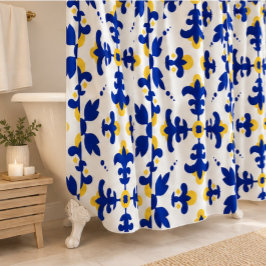 Royal Fleur Bold Blue and Gold Botanical シャワーカーテン