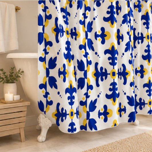 Royal Fleur Bold Blue and Gold Botanical シャワーカーテン