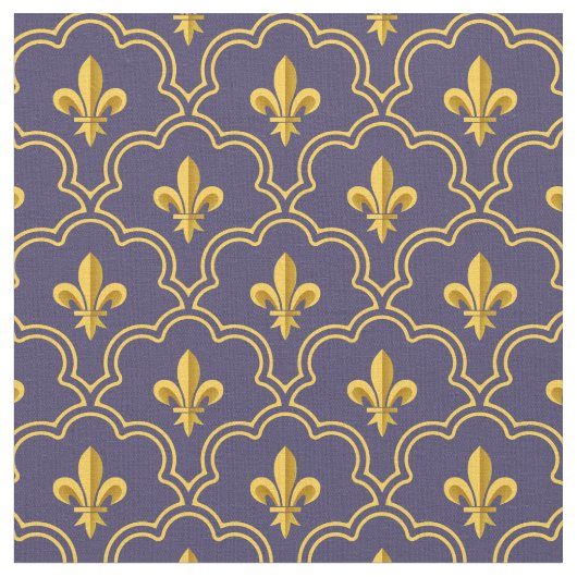 Royal Fleur-de-Lis Purple and Gold Pattern ファブリック (クローズアップ)