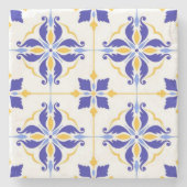 Royal Fleur Elegant Blue and Gold Botanical Mosaic ストーンコースター (正面)